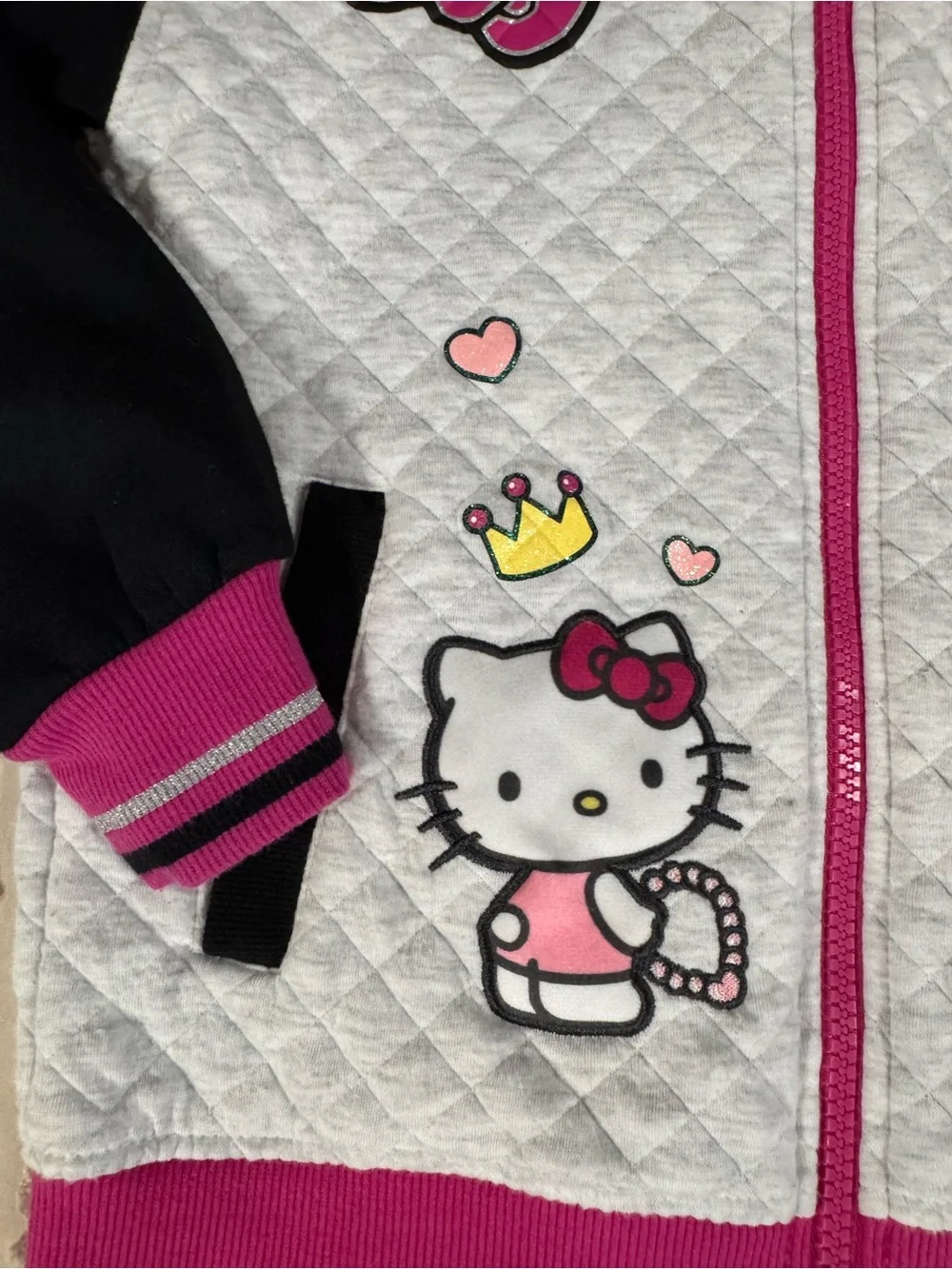 Hello Kitty Pink, White & Black Quilted Hooded Zip Jacket